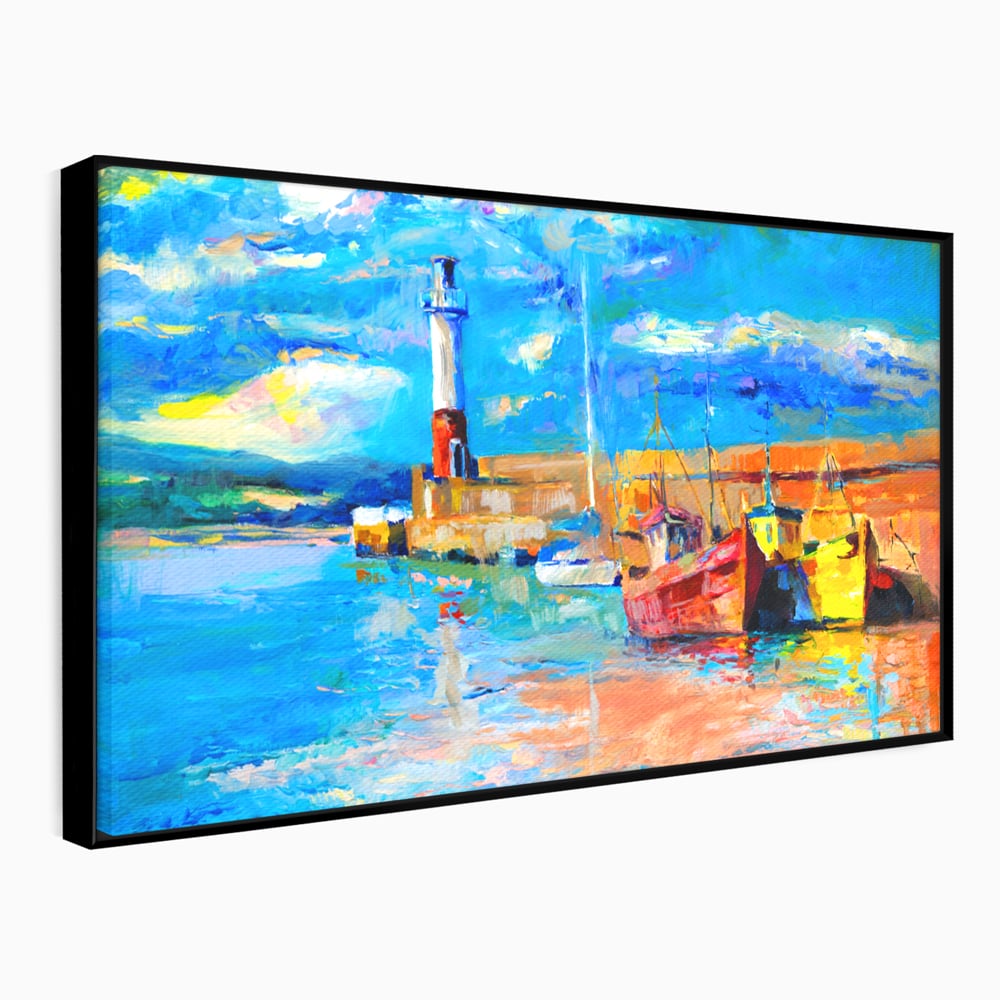 Tablou canvas cu tablou canvas cu far si barci, in rama de aluminiu negru